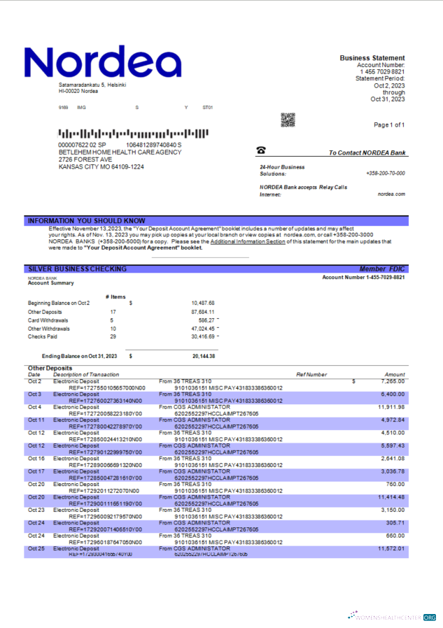 Download Nordea Bank enterprise checking account statement Word and PDF template Photoshop template